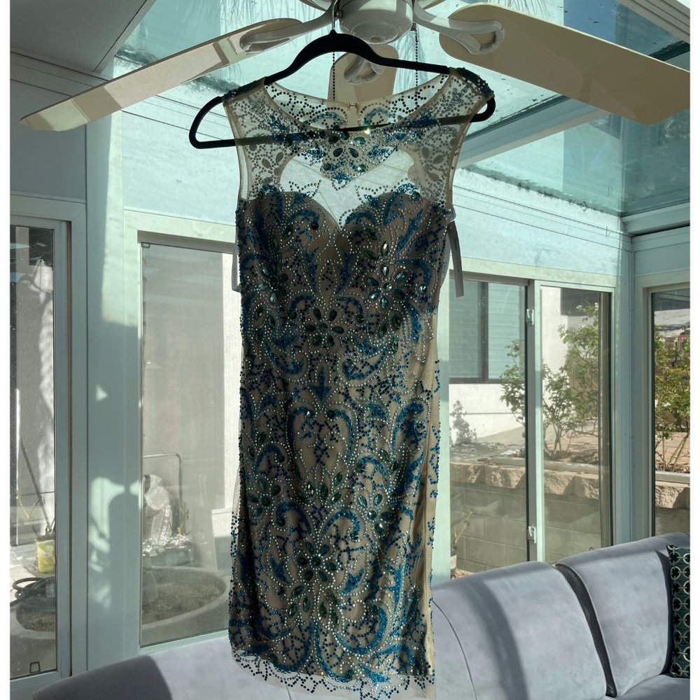 Blue & Beige Beaded Open-back Short Dress Size 2 Christies